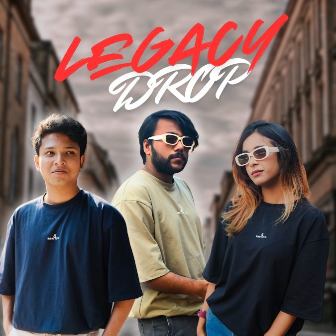 A promotional image featuring three models wearing oversized t-shirts from the "Legacy Drop" collection by Eskape. The models are dressed in Prussian Blue, Goblet Brown, and Raven Black t-shirts, posing in a stylish urban setting.